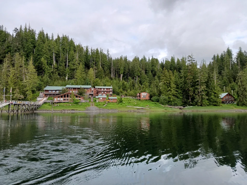 A fishing lodge in rural southeast Alaska shoreline.