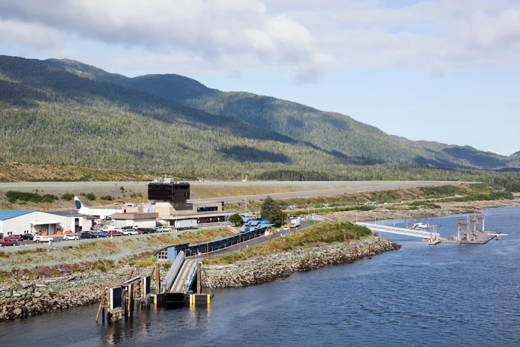 An aerial shot of the Ketchikan airport and mountains.