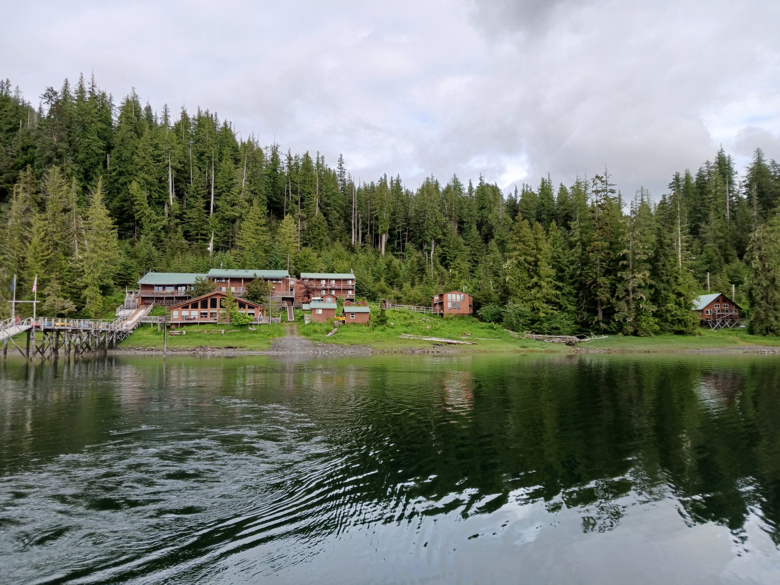 A fishing lodge in rural southeast Alaska shoreline.
