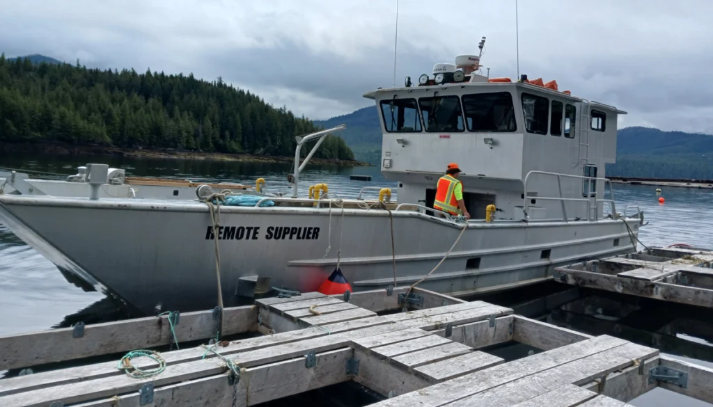 A docked Remote Made Easy boat with workers onboard.